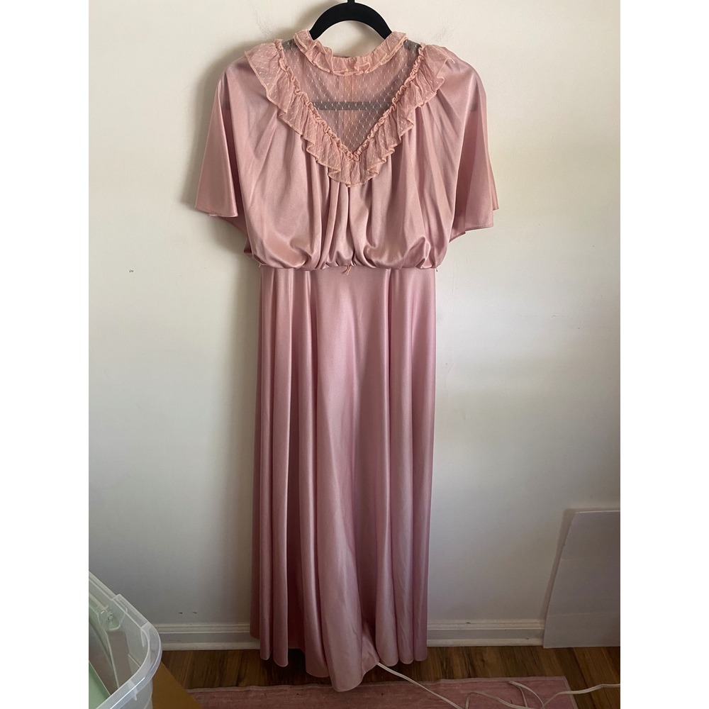 Vintage Pink Satin Maxi Dress Ruffle Lace Mesh Yoke Flutter Sleeve Dusty Rose